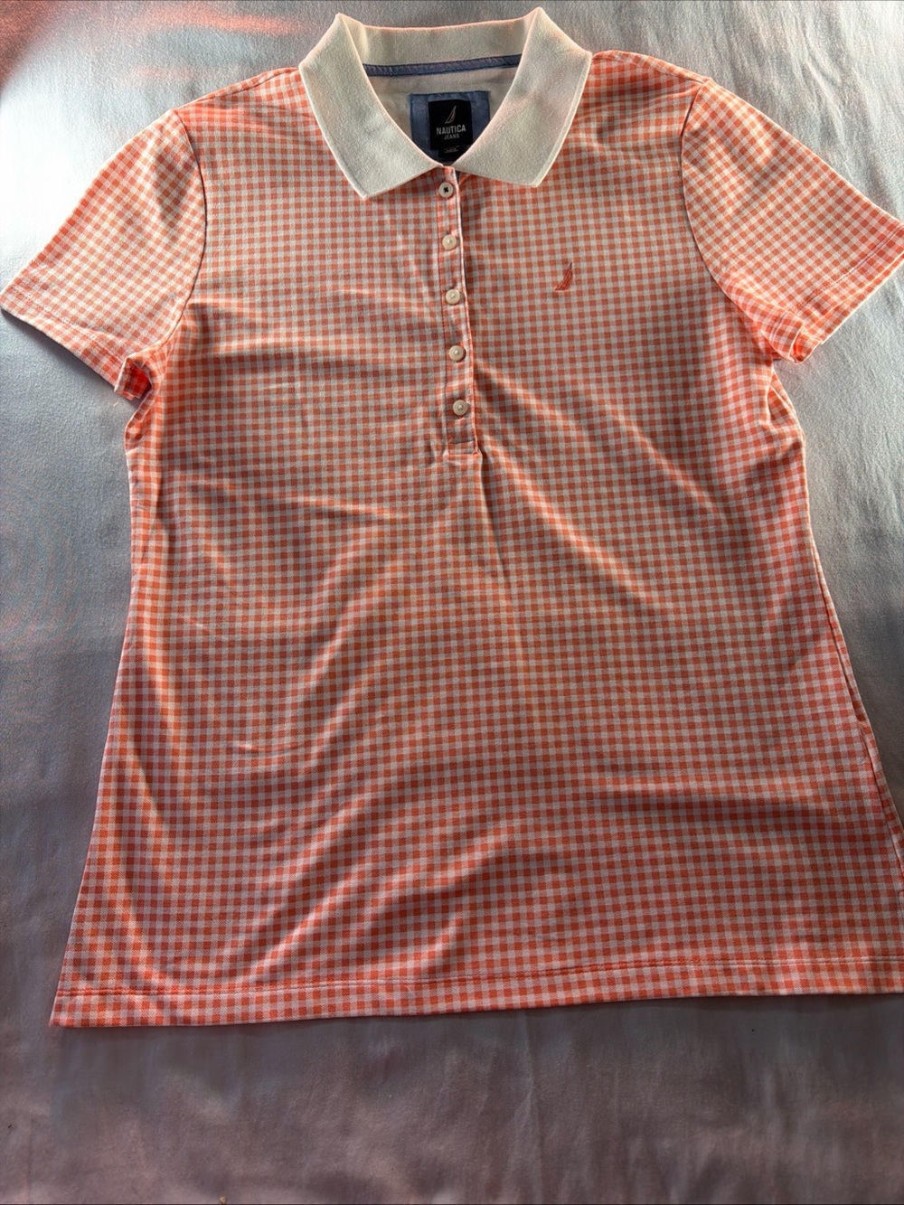 Nautica Women's Orange Gingham Polo Shirt with White Collar